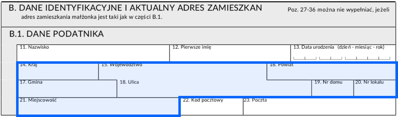 Pola w deklaracji PIT do wpisania adresu zamieszkania